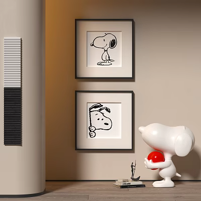 Two Framed Snoopy Art Prints On Beige Wall With Decorative White Statue 3d model