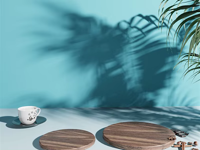 Decorative Ornament Set with Wooden Trays White Cup and Plant Shadows on Light Blue Background 3d model