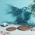 Decorative Ornament Set with Wooden Trays White Cup and Plant Shadows on Light Blue Background