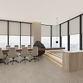 Elegant Modern Office Open Space With Sofas Round Coffee Tables Large Windows And Wooden Bookshelves