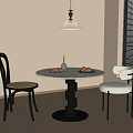 Interior Scene With Round Marble Table Vase Fruit Plate Two Chairs Pendant Light Window Blinds 3d model
