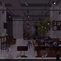 Modern Industrial Café Interior With Comfortable Sofas Tables And Decorative Plants 3d model