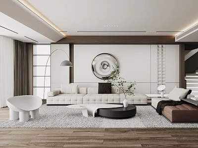 Modern Living Room Interior Design With White Sofa Round Mirror And Green Plant 3d model