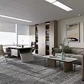Modern Office Interior With Large Windows Work Desk Sofa Coffee Table And Wall Art 3d model