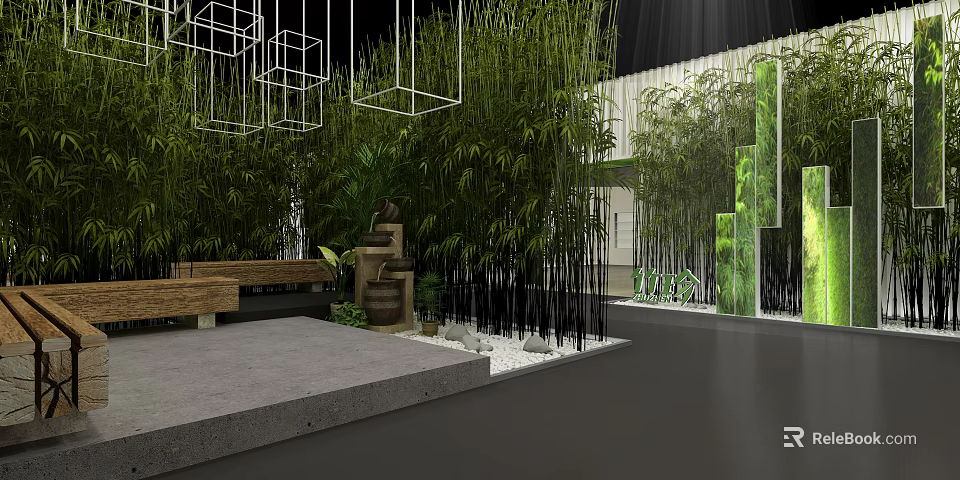 Lush Bamboo Indoor Garden Design With Stone Water Feature And Modern Decor 3d model 