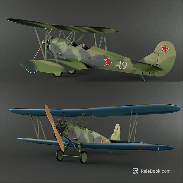 Vintage Biplane Passenger Plane With Camouflage Paint Red Star Emblem And Number 49 3d model 