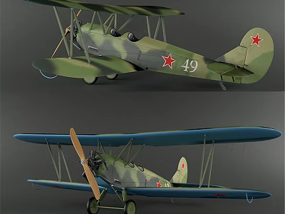 Vintage Biplane Passenger Plane With Camouflage Paint Red Star Emblem And Number 49 3d model