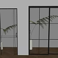Black Frame Sliding Doors With Frosted Clear Glass And Green Plant In White Vase