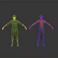 Two Men 3D Models With Different Hats Shirts And Pants On Gray Background