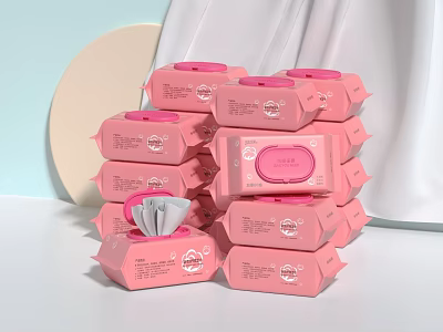 Pink Wet Wipes Packages Stacked With Open Lid For Daily Use 3d model