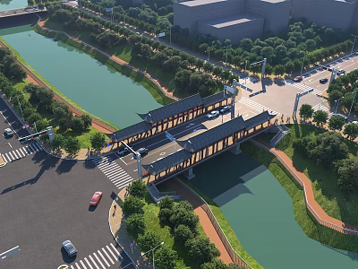 Aerial View of Traditional Style Bridge Over River With Roads Trees and Buildings 3d model