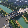 Aerial View of Traditional Style Bridge Over River With Roads Trees and Buildings
