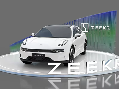 Elegant Modern Display Shelves Showcasing White ZEEKR Car in Exhibition Space 3d model