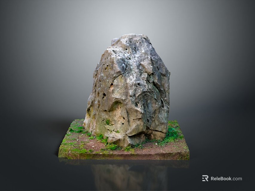 Natural Stone with Textured Surface and Holes on Wooden Base with Green Moss 3d model 