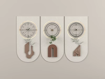 Wall Decorative Panels with Round Clocks Light Strips Wooden Shapes and Green Plants 3d model