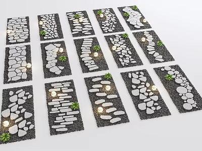 Stepping Stone Pathway Designs With Various Patterns Small Plants And LED Lights 3d model