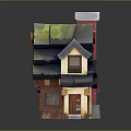 Adorable Cartoon Fairy Tale House Scene With Green Roof Chimney Wooden Windows And Red Decorations