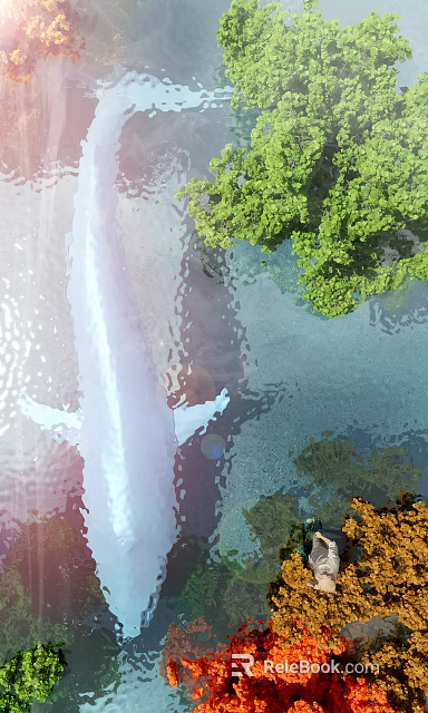 Stunning Water Fountain With Green Trees And Sunlight Reflection On Water Surface 3d model 