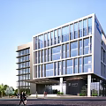 Modern Office Building Exterior With Glass Facade And Lush Green Landscaping