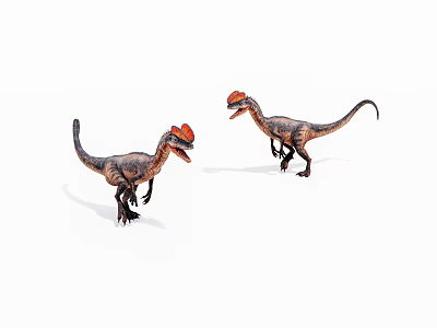 Realistic Dinosaur Toys With Orange Crests Facing Each Other On White Background 3d model
