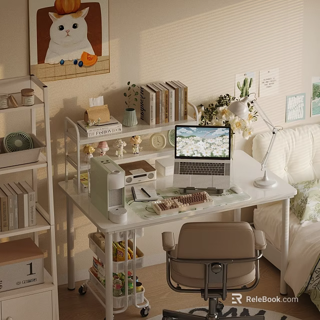 Cozy Home Workspace Desk And Chair Set With Bookshelf And Laptop Decorative Items 3d model 