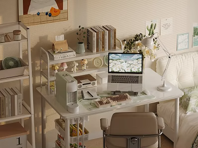 Cozy Home Workspace Desk And Chair Set With Bookshelf And Laptop Decorative Items 3d model