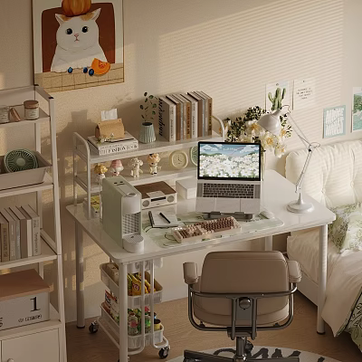 Cozy Home Workspace Desk And Chair Set With Bookshelf And Laptop Decorative Items 3d model