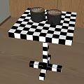 Black and White Checkered Side Table with Coffee Cups on Wooden Floor