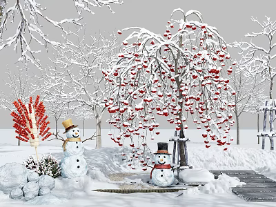 Snow Covered Shrubs in Winter Landscape with Snowmen Red Berry Branches and Pathway 3d model