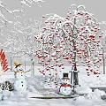 Snow Covered Shrubs in Winter Landscape with Snowmen Red Berry Branches and Pathway