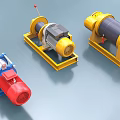 Industrial Mechanical Equipment Including Yellow Red Blue Winches With Motors And Bases