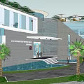 Modern Office Building With Glass Curtain Walls Green Roof Entrance Steps Pedestrians And Vehicles