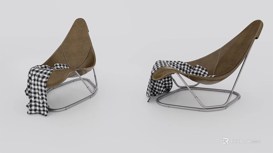 Two Modern Curved Brown Leisure Chairs With Metal Frame And Checkered Blanket 3d model 