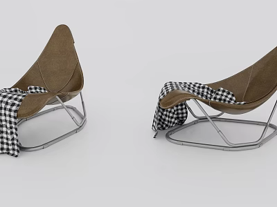 Two Modern Curved Brown Leisure Chairs With Metal Frame And Checkered Blanket 3d model