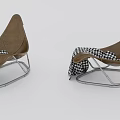 Two Modern Curved Brown Leisure Chairs With Metal Frame And Checkered Blanket