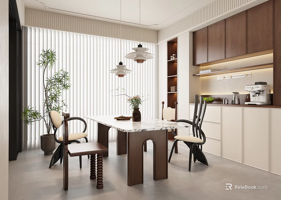 Modern Restaurant With Open Design Wooden Cabinets Marble Dining Table Pendant Lights And Green Plants 3d model 