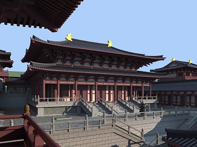 Ancient Architecture With Curved Roofs Ornate Eaves Red Pillars And Stone Steps 3d model