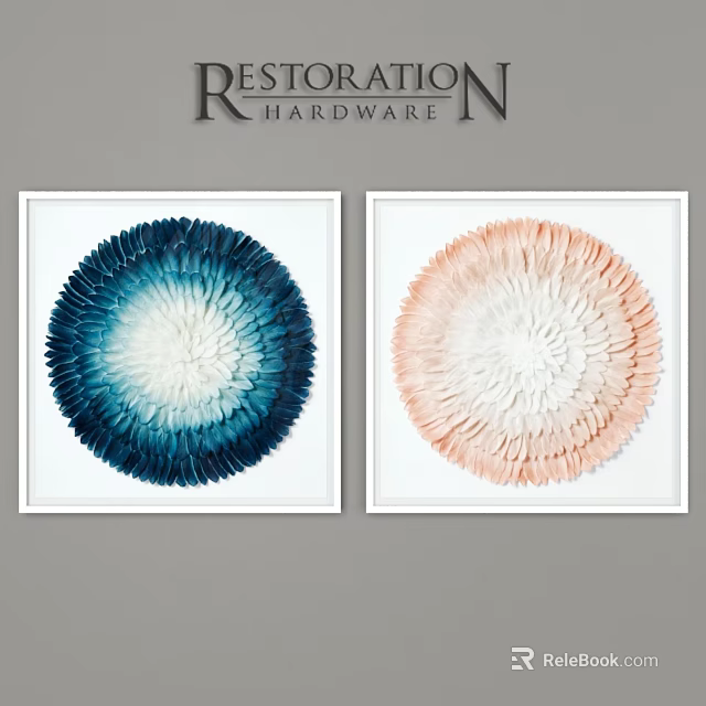 Two Circular Feather Texture Wall Art With Blue Pink Gradient In White Frames 3d model 