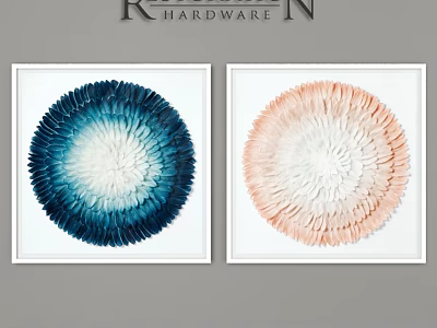Two Circular Feather Texture Wall Art With Blue Pink Gradient In White Frames 3d model
