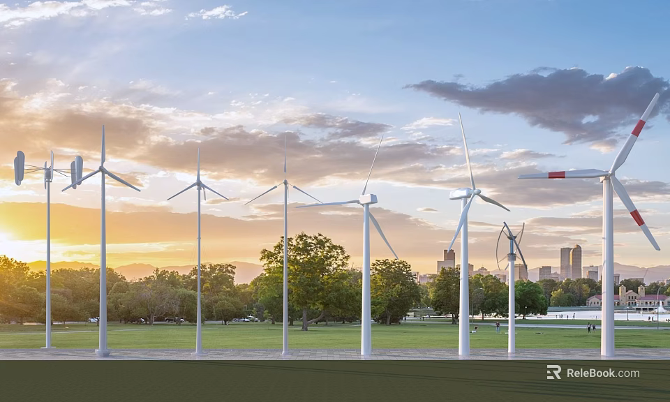 Large Scale Industrial Wind Turbines Standing In Green Field With City Skyline At Sunset 3d model 