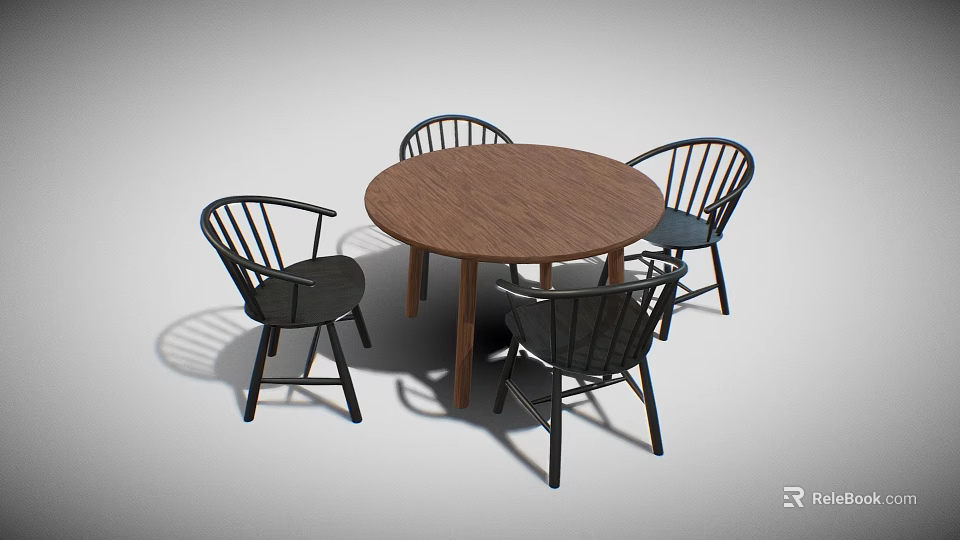 Modern Minimalist Wooden Round Dining Table Set With Four Black Curved Backrest Chairs 3d model 