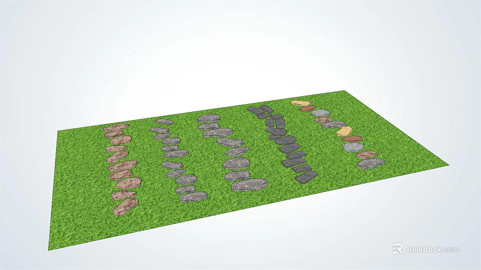 Stepping Stones on Green Grass with Various Colored Stones and Patterns 3d model 