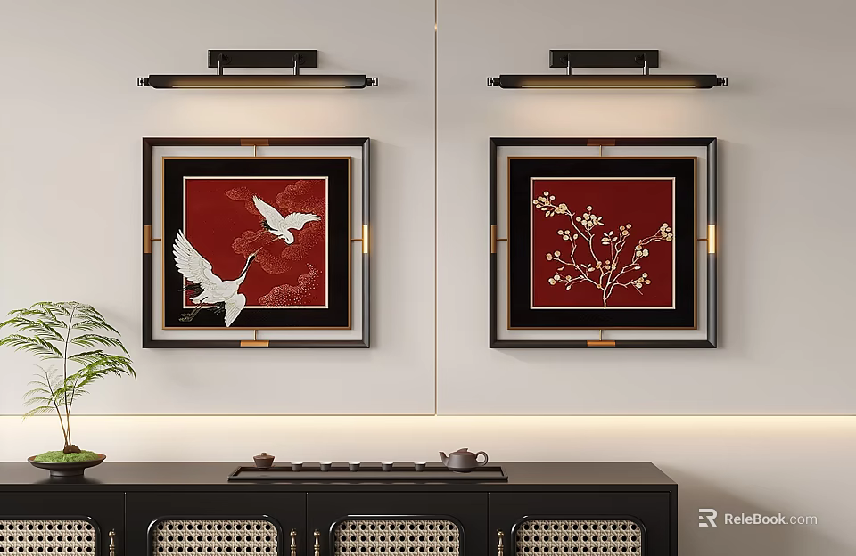 Abstract Paintings On Red Background With Crane Plum Blossom And Black Frames 3d model