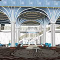 Luxurious Hotel Lobby With Ornate Ceiling White Columns Crystal Chandelier And Blue Sofas