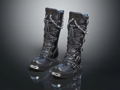 Black high top lace up boots with chains metal buckles and decorative details 3d model