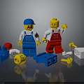 Lego Figures In Blue Red Overalls With Scattered Building Blocks And Parts
