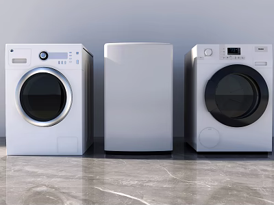 Three Modern White Washing Machines With Sleek Design And Digital Control Panels 3d model