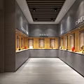 Art Exhibition Hall Interior With Red Display Case Stone Sculpture And Yellow Framed Paintings