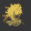 Red Leaf Decorative Tree with Natural Branches on Stone Base and Green Moss