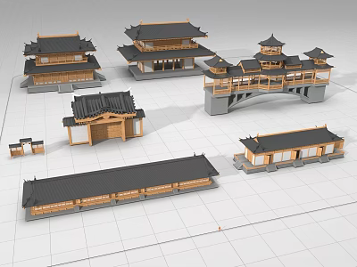 Traditional Ancient Architecture Models With Various Roofs Pavilions And Bridge Structures 3d model